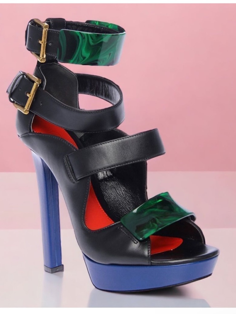 NWOB ALEXANDER MCQUEEN French Gloss Leather Marbled Plexi Platform Buckle Heels